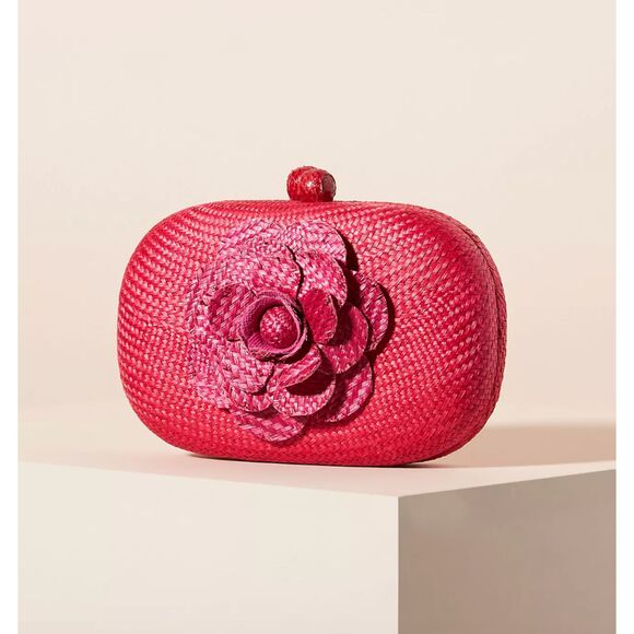 SERPUI MARIE Olive Camelia Bun Straw‎ Floral Clutch Pink - Picture 1 of 6